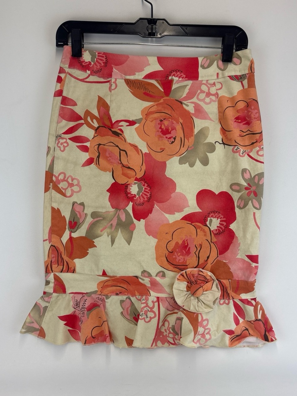 Floral Ruffle Hem Pencil Midi Skirt - Cream with Pink & Orange Blooms